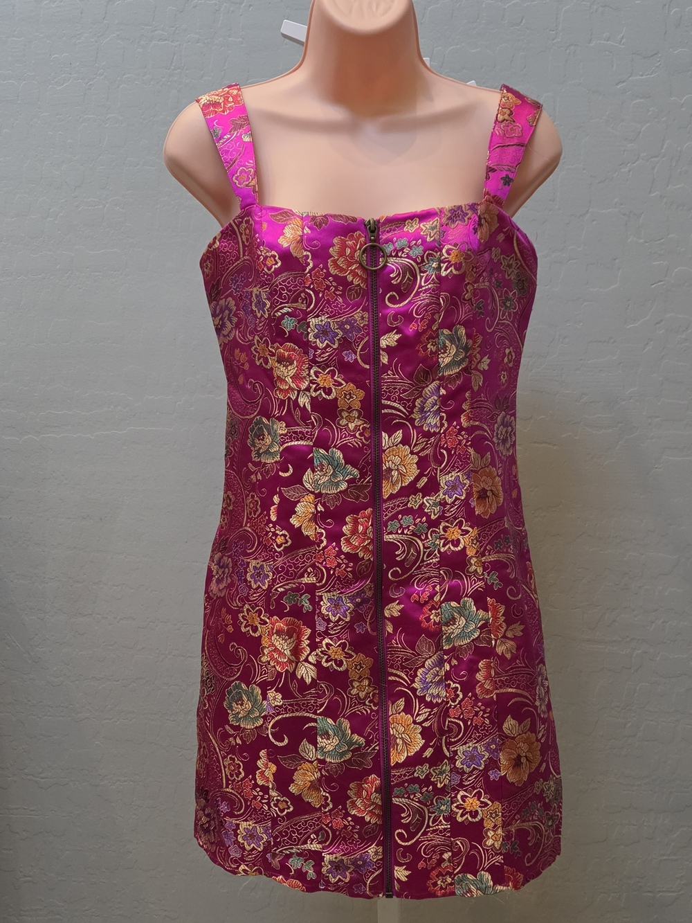 Forever 21 Fuchsia Gold Floral Brocade Zip-Front Mini Dress